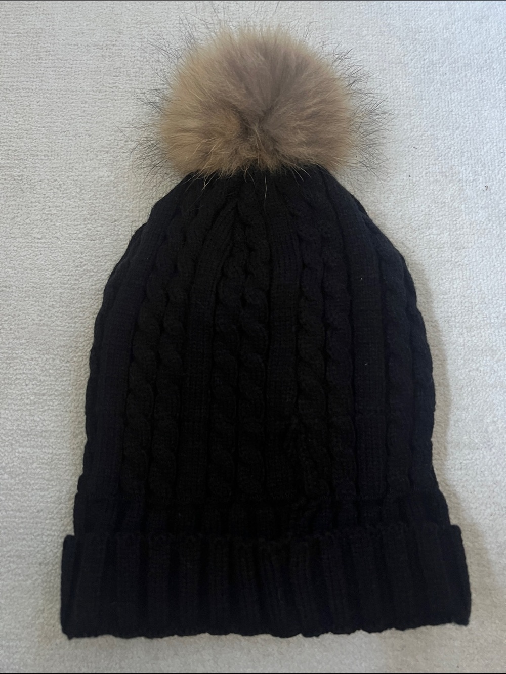 Black Cable Knit Pom Beanie with Brown raccoon Fur Pom